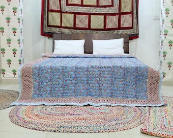 Hand Block Printed Cotton Quilt: Reversible Floral Boho Bedding