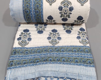 Handmade Jaipur Block Print Quilt: Blue Butta, Natural Cotton