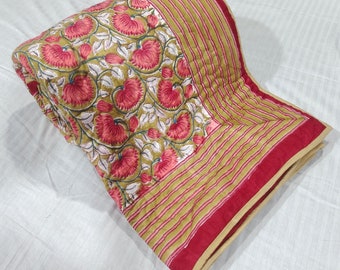 Red Floral Quilt: Hand Block Print Cotton Bedspread - US Queen/King