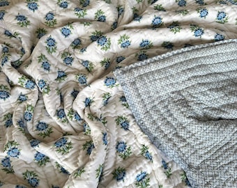 Hand Block Print Cotton Quilt – Blue Sage Floral Jaipuri Razai Bedspread