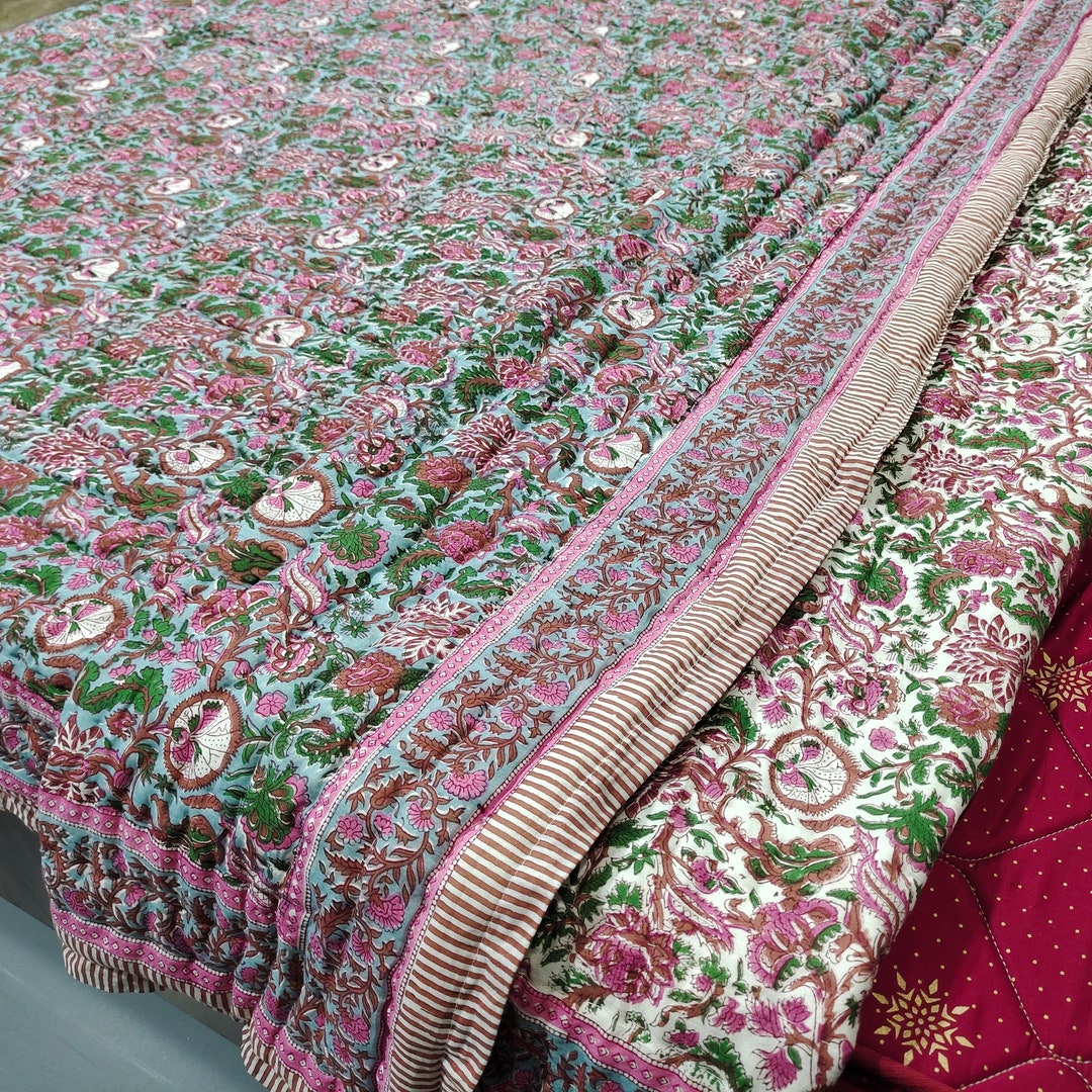 Purple and Green Floral Bgru Print Quilt, Blanket and Throw, Cotton