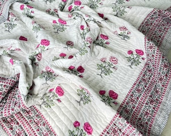 Floral Block Print Cotton Quilt: Handmade Indian Razai