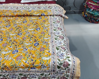 Hand Block Print Queen Quilt, Yellow Floral, Reversible Boho Comforter for Bed Decor