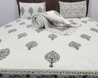 Hand Block Print Cotton Quilt Set: Reversible Bedspread & Pillow Covers