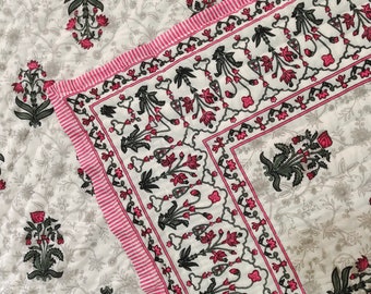 Hand Stitched Floral Quilt: Hand Block Print Cotton Bedspread