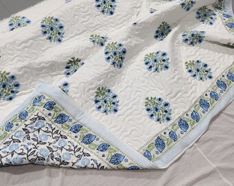 Blue Floral Hand Block Print Quilt: Reversible Cotton Bedspread