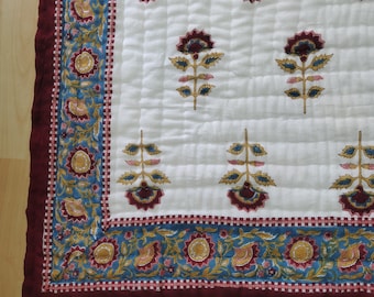 Hand Block Print Cotton Quilt: Boho Floral Queen Size Bedding