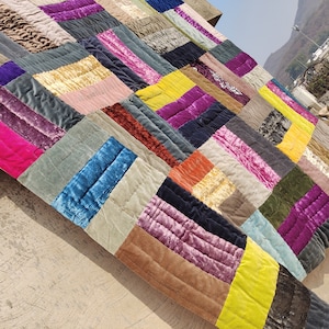 Hand Stitched Velvet Patchwork Quilt: Reversible Cotton Queen Bedding