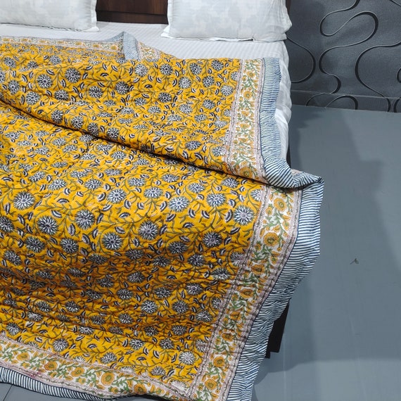 Manta de algodón floral, edredón de cama con estampado de bloques de mano  para uso en invierno, cálido y más ligero, también hinchado, tamaño Queen 90  por 108 pulgadas -  España
