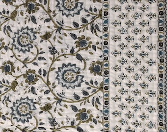 Vintage Indian Floral Bedding - Blue Botanical Hand Stitched Quilt - Cotton Razai