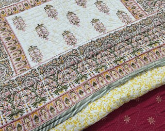 Hand Block Print Cotton Quilt: Jaipuri Razai Boho Bedding