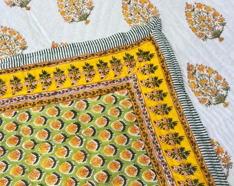 Hand Block Printed Cotton Quilt: Yellow Floral Mughal Border, Reversible Comforter