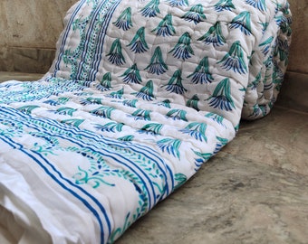 Hand Block Printed Cotton Quilt: Green Floral Handmade Bedspread