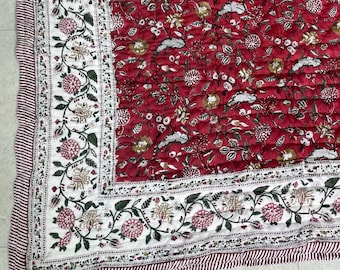 Hand Block Printed Quilt, Hand-Stitched Cotton Bedding, Jaipur India