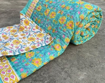 Unique Bohemian Block Printed Cotton Quilt, Twin Size Handmade Bed Cover