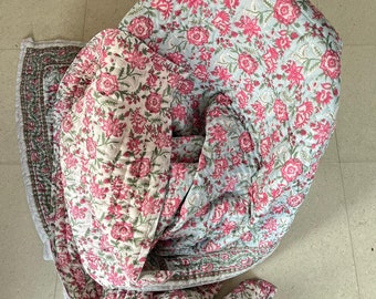 Hand Stitched Block Print Quilt: Natural Cotton Bedding, Floral Design