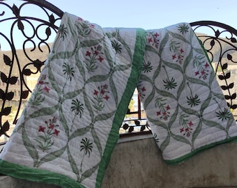 Floral Cotton Block Print Quilt: Hand Stitched Indian Decor