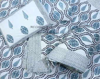 Hand Block Printed Cotton Quilt Set: Jaipuri Blue Teardrop Bedding