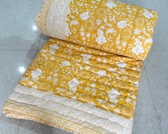 Yellow Floral Quilt: Hand Block Print, Hand-Stitched Cotton