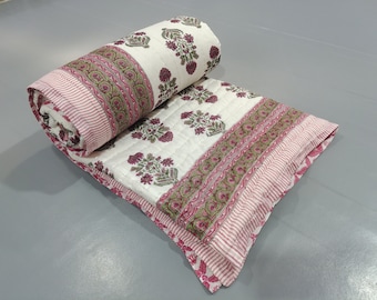 Pink Floral Butta Hand Block Print Quilt - Jaipuri Razai
