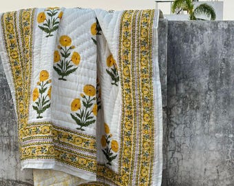 Hand Block Print Cotton Quilt: Floral Brown Stitching
