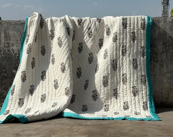 Hand Block Print Indian Cotton Quilt, Reversible Jaipuri Razai, Floral Boho Bedspread