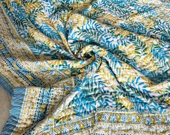 Hand-Stitched Queen Quilt: Paisley Block Print, Reversible Cotton Bedding