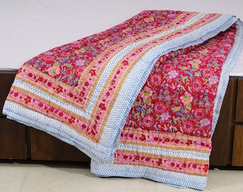 Handmade Jaipuri Quilt: Reversible Hand Block Print Cotton Razai