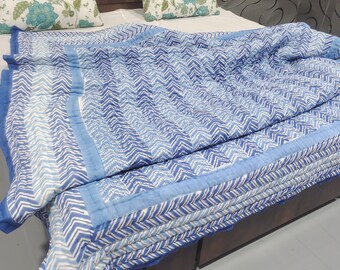 Blue Hand Block Print Cotton Quilt: Indian Boho Bedding