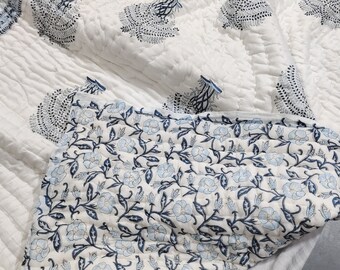 Hand Block Print Cotton Quilt: Floral Kantha Blanket Bedcover