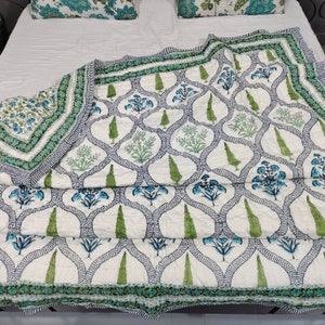 Green and Blue Gorgeous Floral Cotton Block Print Quilt, Soft and light weight and Cozy Blanket, Quilt Bed Pattern, Tree and Floral Pattern