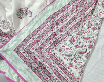 Hand Block Print Cotton Dohar Blanket: Pink Indian Reversible Bed Cover