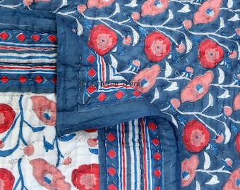 Hand Block Printed Cotton Quilt: Reversible Poppy Design Jaipuri Razai