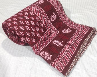 Red Block Print Cotton Quilt: Reversible Queen/King Bedspread