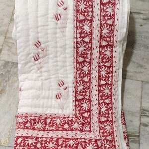 Handmade Indian Cotton Quilt: Queen Reversible Hand Block Print Bedspread
