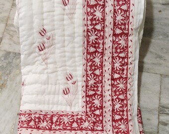Handmade Indian Cotton Quilt: Queen Reversible Hand Block Print Bedspread