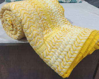 Hand Block Print Cotton Quilt, Boho Zig-zag Design, Queen Size