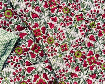 Twin Size Hand Block Print Cotton Quilt, Teal Magenta Floral Reversible Blanket, Jaipuri Razai, Lightweight Summer Throw Boho Bedspread