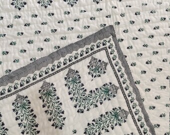 Hand Block Print Cotton Quilt: Floral Hand Stitched Bedspread