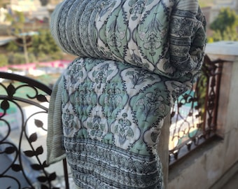 Handmade Block Print Cotton Quilt: Blue Floral Queen Bedding Set