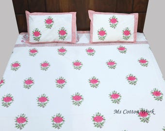 Hand Block Print Cotton Quilt: Pink Floral Butta Kantha Bedspread