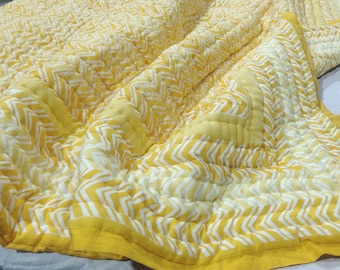 Hand Block Print Cotton Quilt, Boho Zig-zag Design, Queen Size