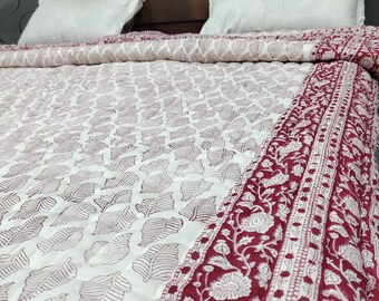 Hand Block Print Cotton Quilt, Red Leaf Pattern, Handmade Blanket