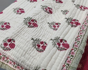 Hand Block Printed Cotton Quilt: Pink & Green Floral Buti, Reversible Rajai