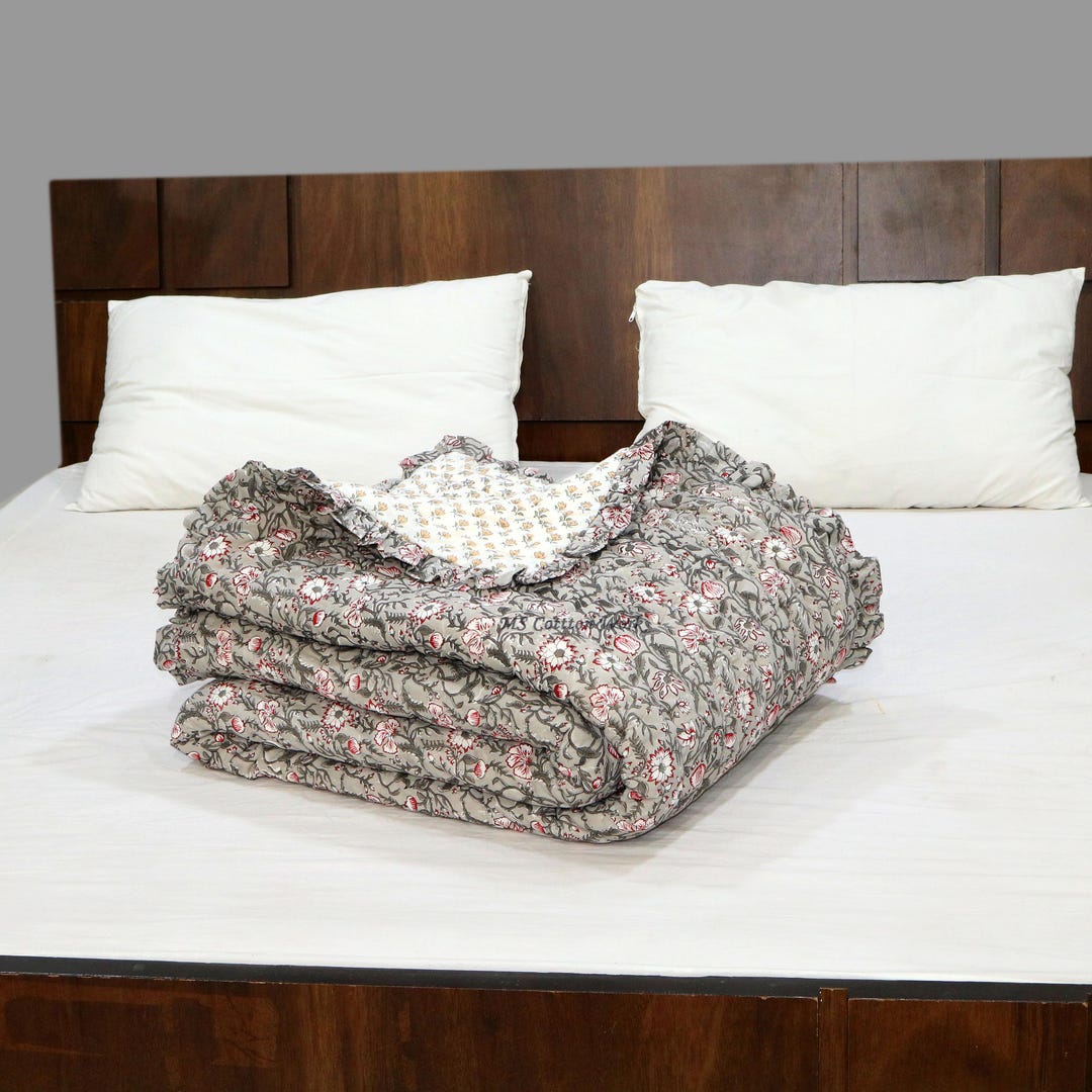 Red Razai Handmade Jaipuri Razai - Grey & Red Botanical Quilt - Traditional ...