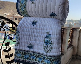 Hand Block Print Cotton Quilt: Floral Reversible Bedding (90x108)