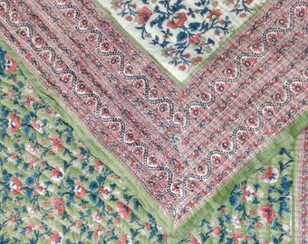 Handmade Indian Cotton Quilt: Queen Reversible Hand Block Print Bedspread