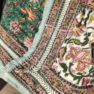 Hand Block Print Cotton Quilt: Floral Queen Size Bedding
