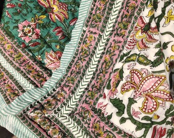 Hand Block Print Cotton Quilt: Floral Queen Size Bedding