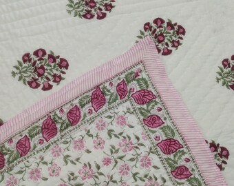 Pink Floral Quilt: Hand Block Print Cotton Bedding